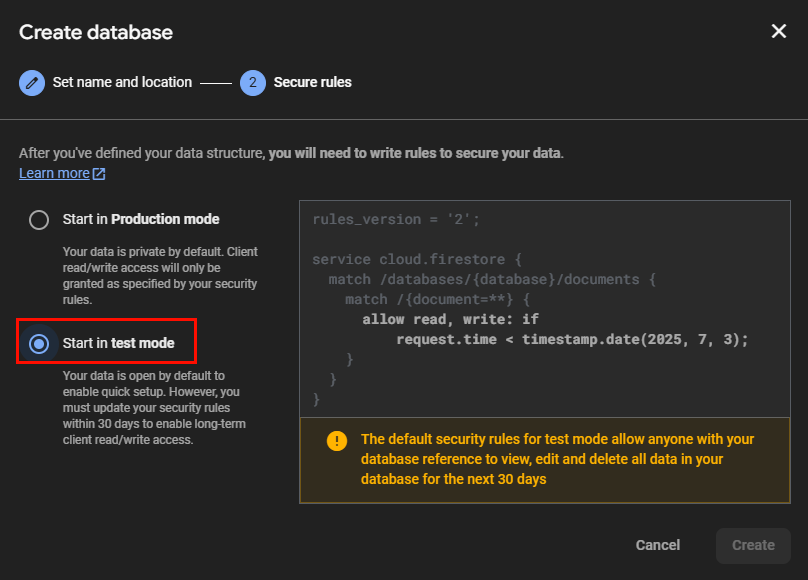 Firestore Setup Screenshot